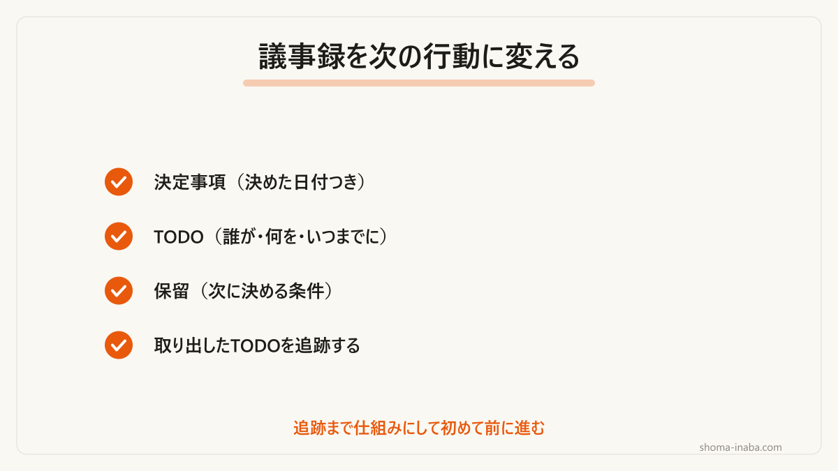 議事録から取り出したい3つと、その後の追跡までをまとめました。